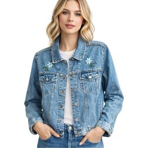 New York City Design Co. Denim Jacket Embroidered Floral Design Women’s L
